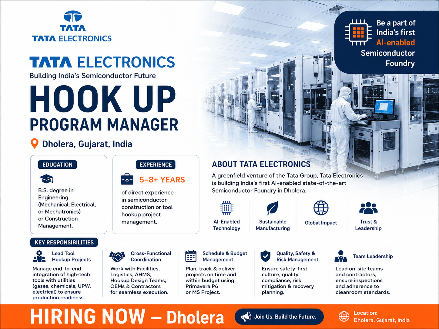 Tata Electronics Dholera: Tool Hook Up Program Manager Vacancy 2026