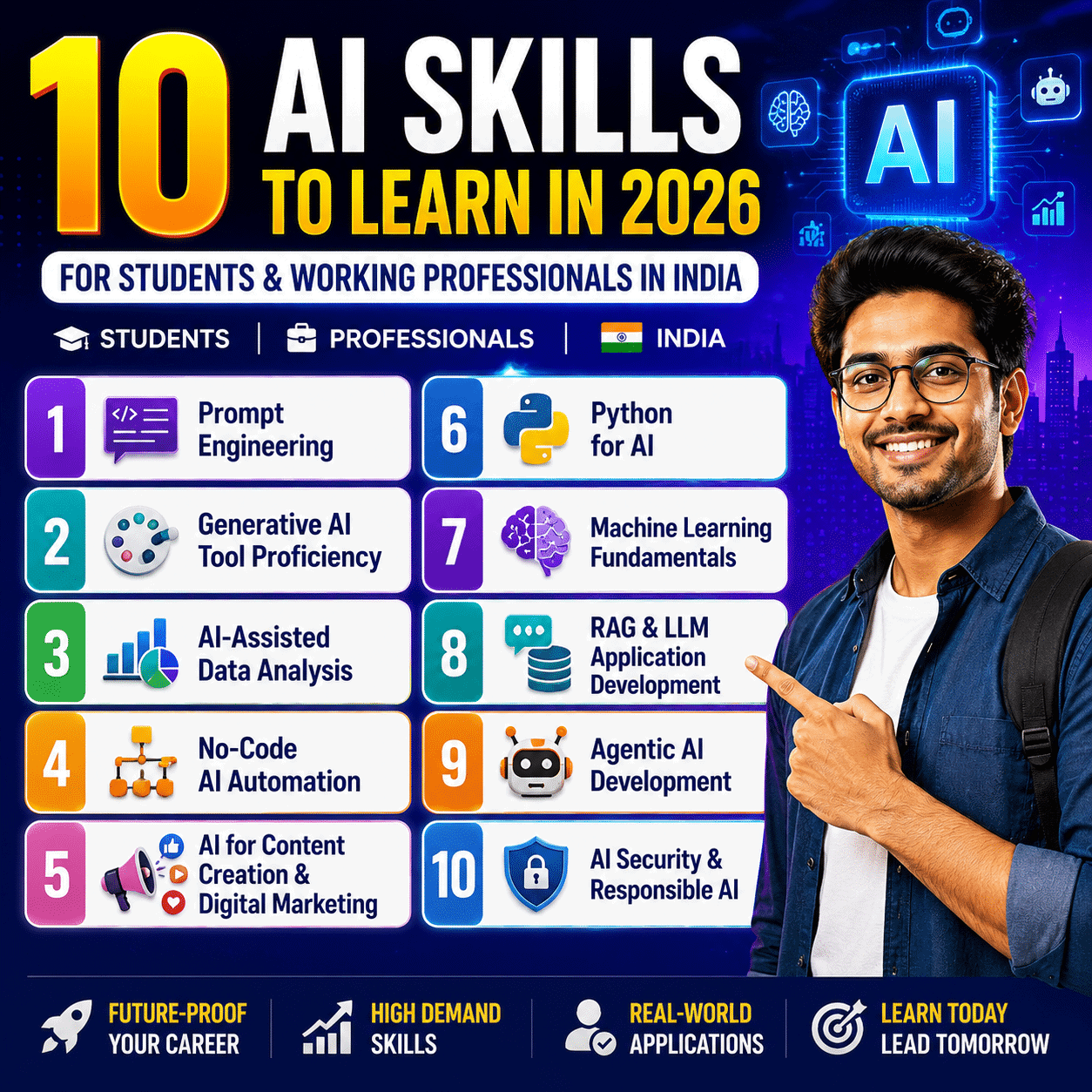 2026 में सीखने के लिए 10 AI Skills: छात्रों और Working Professionals के लिए पूरी गाइड